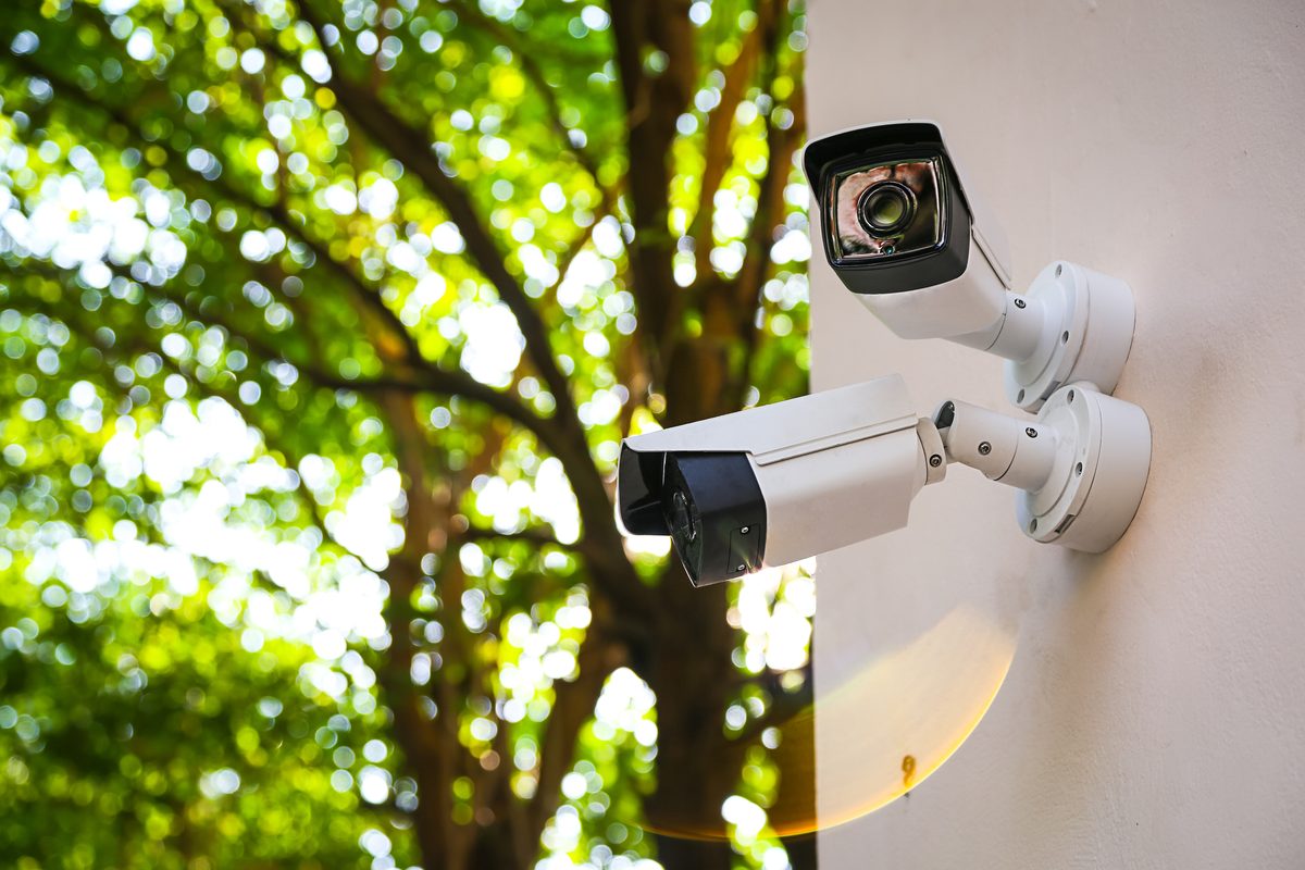 Two white bullet-style security cameras mounted on a pale outside wall, with a leafy tree behind